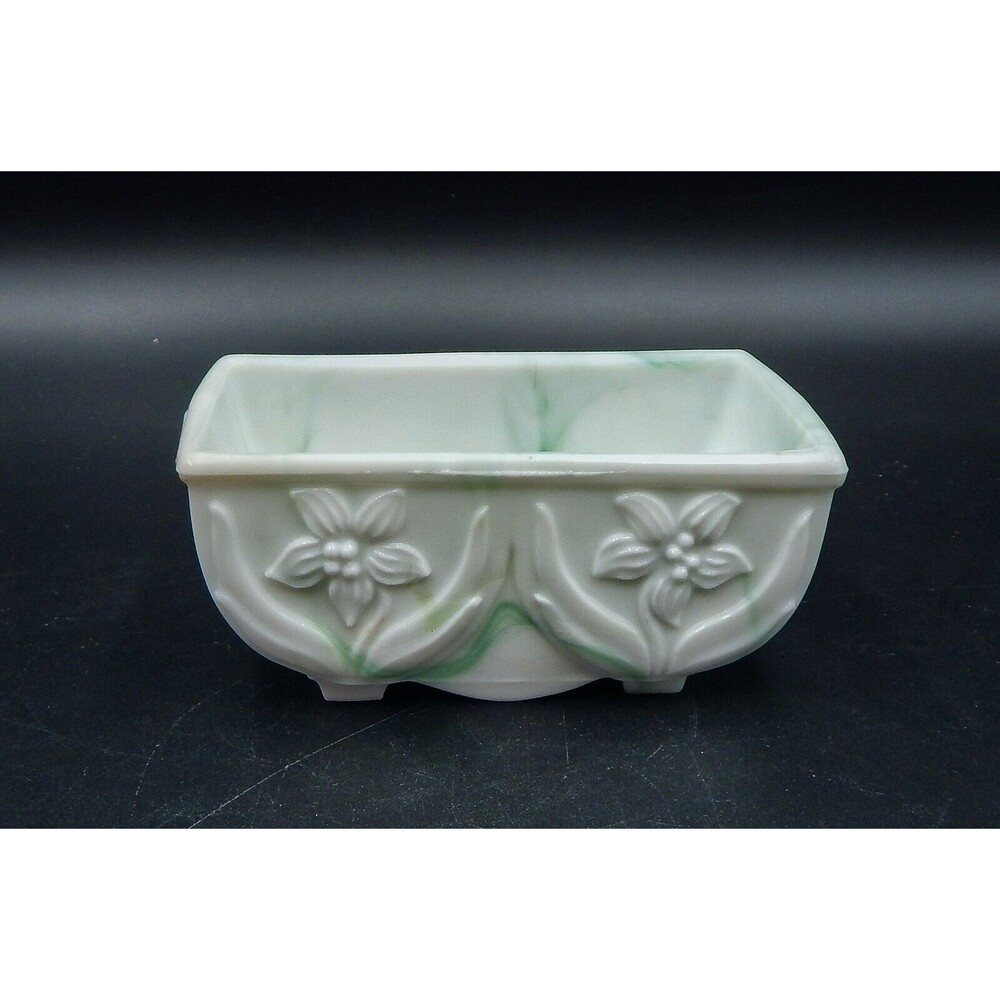 Akro Agate Slag Glass Planter Daffodils White Marbleized Green Teal Swirl Dish